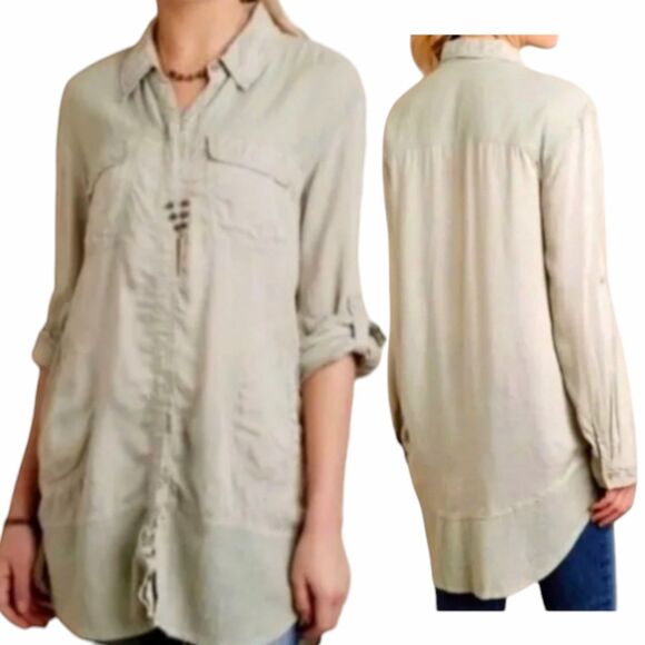 Anthropologie Holding Horses Sun Washed Tunic Womens XS Green Roll Tab Sleeve - Picture 2 of 13